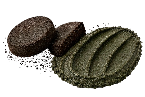 Spent café coffee grounds beside a dark Mamaku green exfoliating scrub